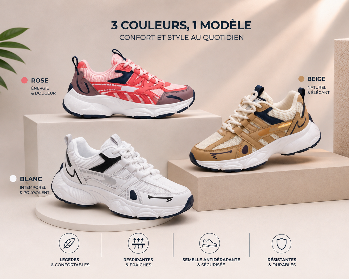 Trois paires de espadrille de sport kimo pour enfants en rose, blanc et beige sur des socles, design moderne et robuste