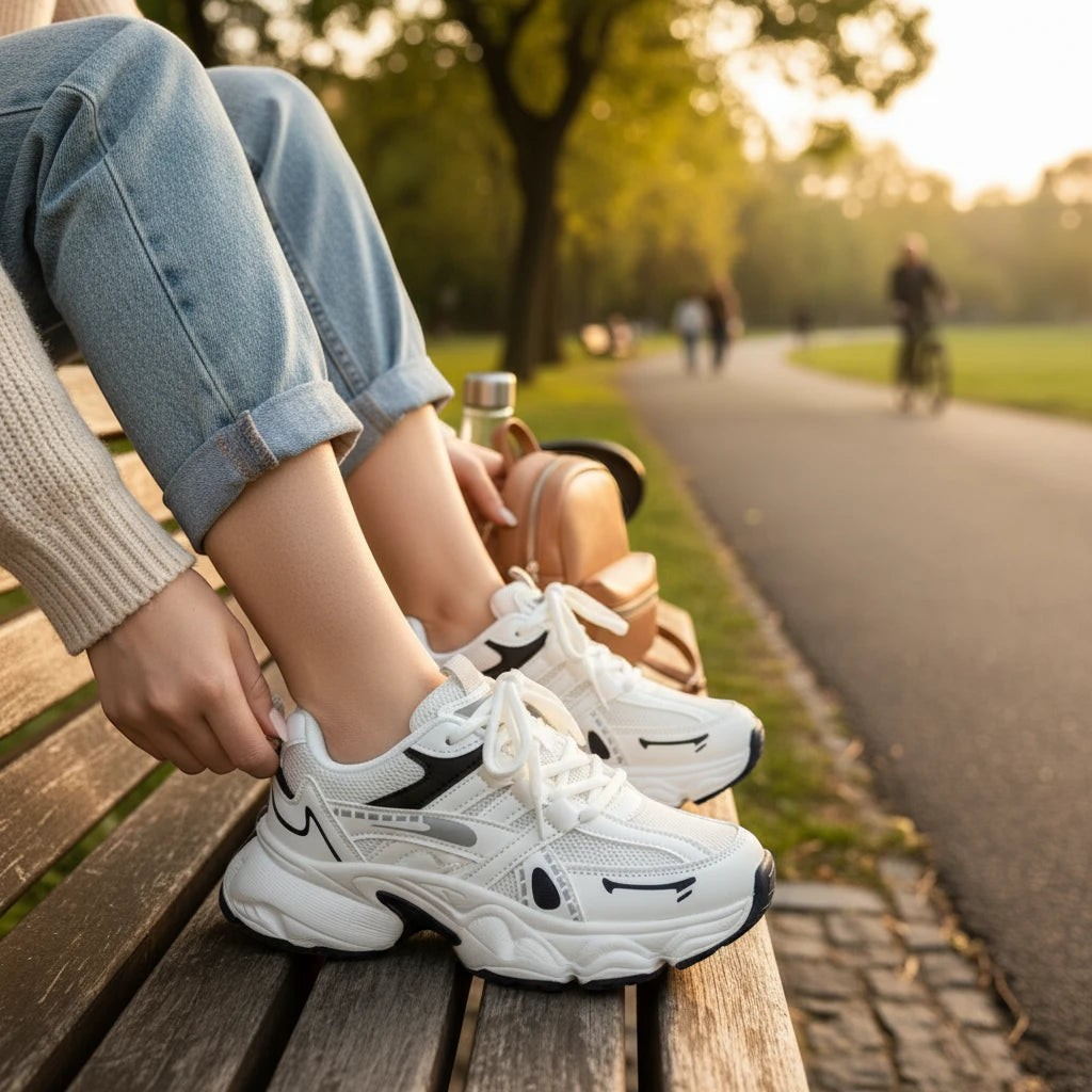 Baskets de sport kimo blanches pour enfants avec semelle épaisse et détails noirs, portées sur un banc de parc.