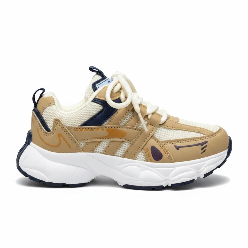 Baskets de sport kimo pour enfants en mesh beige et blanc avec détails bleu marine et semelle épaisse amortissante
